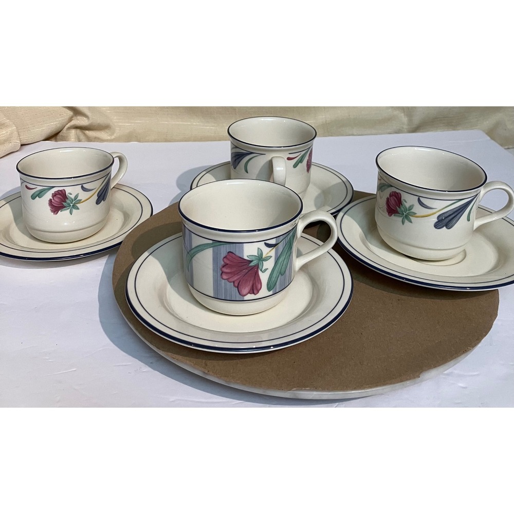 Lenox Tea Cup Saucer Set 4 Poppies on Blue Botanical Excellent Floral Chinastone